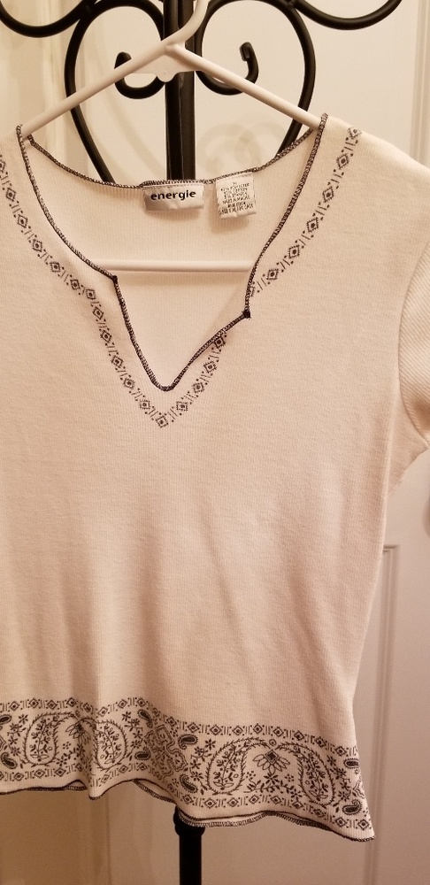 Navy blue & white shirt with paisley pattern.